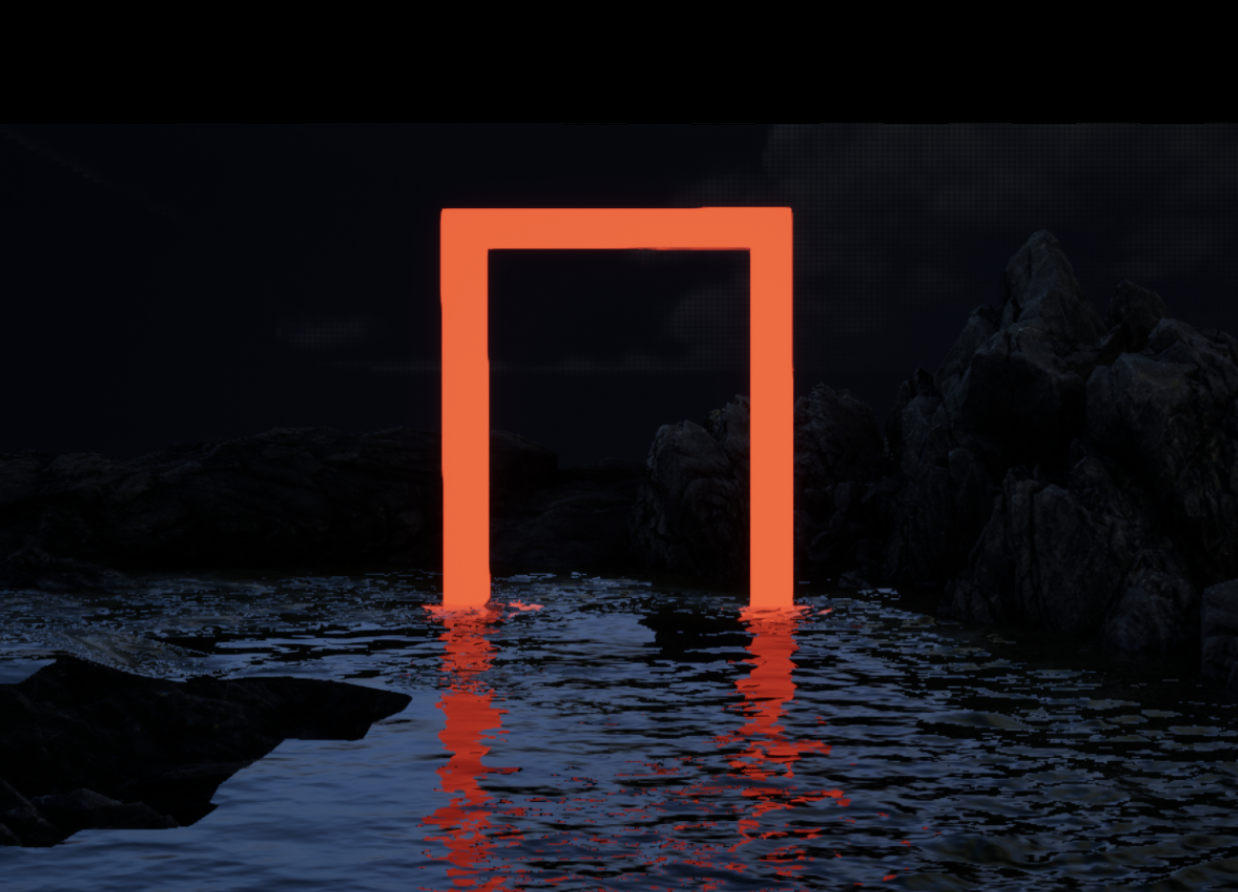 Boundary (2024): a luminous red rectangular door reflected in dark water among rocks