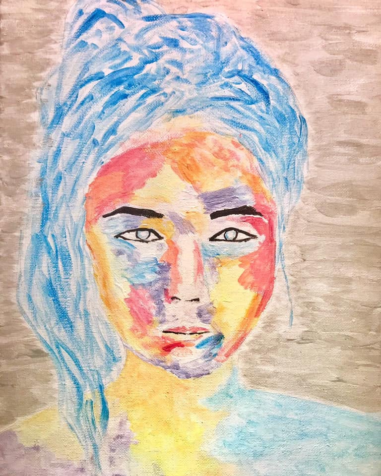Portrait (2019) by artist Soi Choi, showing a colorful painted face with blue hair against a textured light background.
