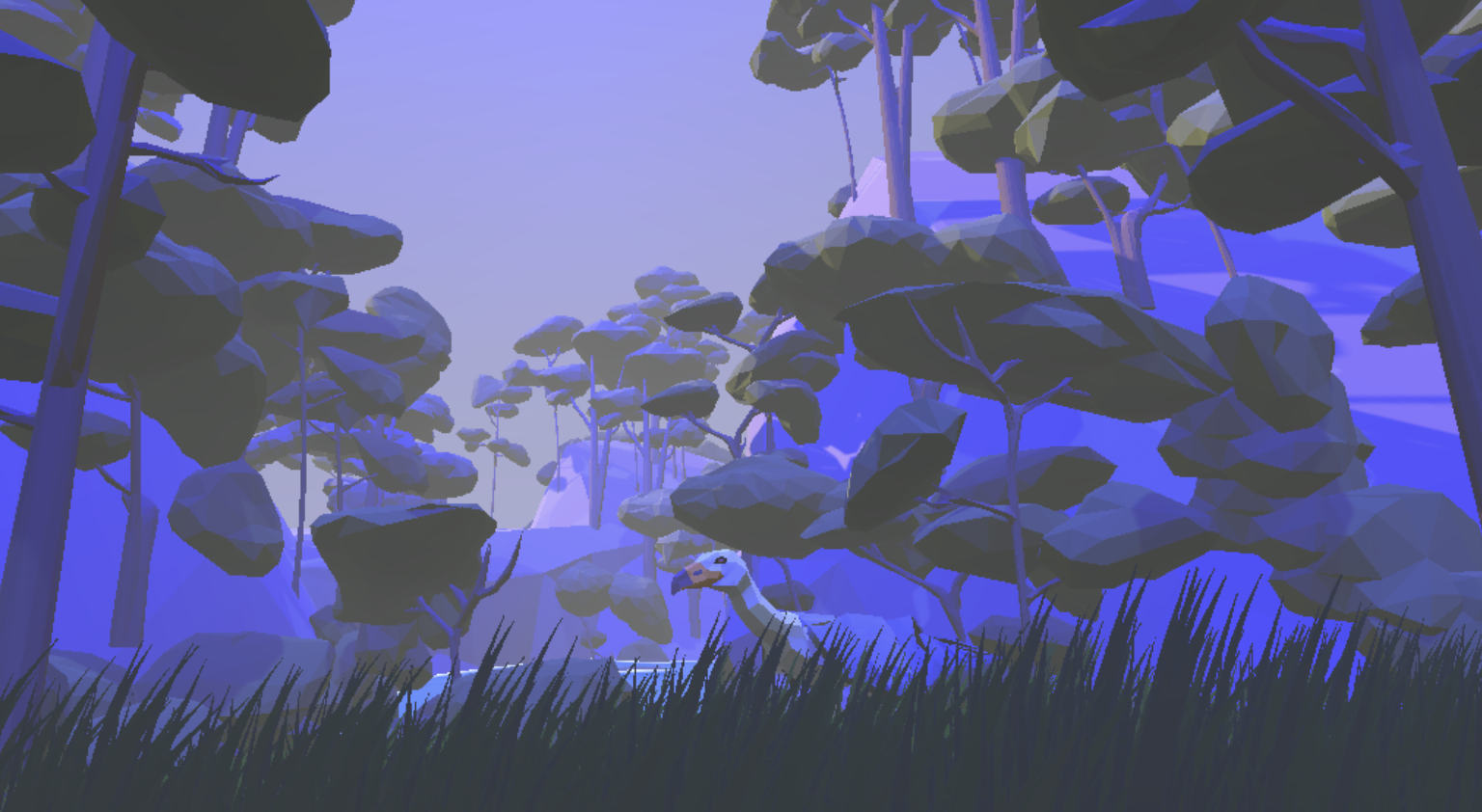 The Door (2022): a stylized blue and purple forest with a bird among the grasses