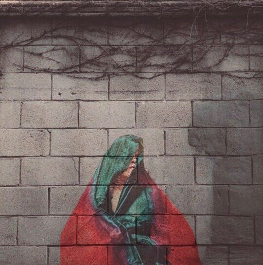 Veil (2019) by artist Soi Choi, showing a figure draped in green and red fabric against a block wall.